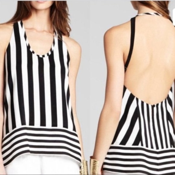BCBG Black & White Dana Striped Silk Halter Top - Large - Picture 1 of 13